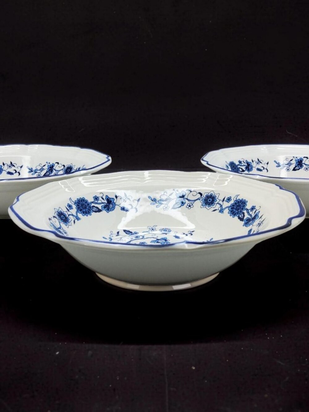 vintage 1970s set of 3 hankook seine blue porcelain floral design 7" desert/sala